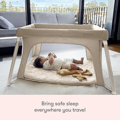 Newton Baby Compact Travel Crib & Play Yard | Breathable & Washable Mattress, Foldable Carry-On Size, Backpack Straps, Sand, Newton Bassinet Attachment NOT Included or Compatible