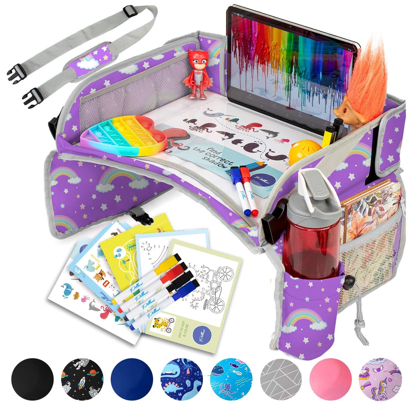 PILLANI Kids Travel Tray for Car Seat - Carseat Tray w/ iPad Holder & Dry Erase Board, Road Trip Activities - Toddler Lap Desk Organizer for Airplane - Roadtrip & Travel Essentials - Pack of 2, Pink