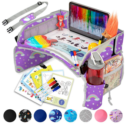 PILLANI Kids Travel Tray for Car Seat - Carseat Tray w/ iPad Holder & Dry Erase Board, Road Trip Activities - Toddler Lap Desk Organizer for Airplane - Roadtrip & Travel Essentials - Pack of 2, Pink