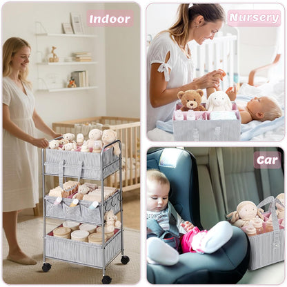 WILLBOND 2in1 Baby Diaper Caddy Organizer Cart, 3 Tier Large Capacity Metal Utility Bedside Rolling Cart with Divider for Newborn Registry Nursery Essential Must Have Gift Baby Shower Bedroom(Pink)