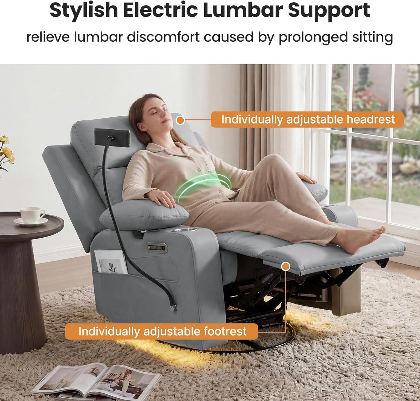 Power Rocking Chair Nursery with Adjustable Armrests and Headrest, Swivel Rocker Recliner with Electric Lumbar Support, Glider Recliners for Breastfeeding, Nursing Chair with USB, Cup Holder, Beige