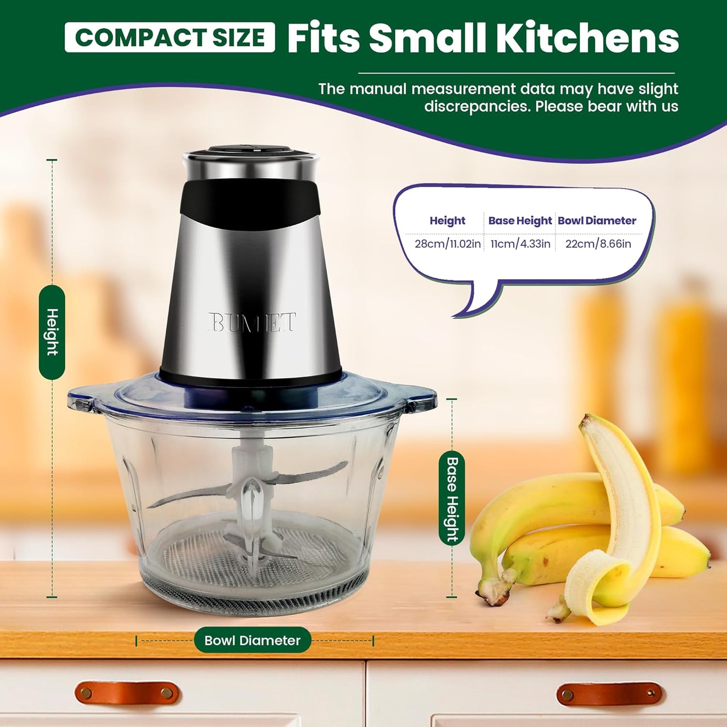 BUMET Electric food processor vegetable chopper 500W one 2.5cup bowl one bi-layer 4 blades Mini Food chopper for home use,Mincing, and Puree for kitchen aid, baby foot