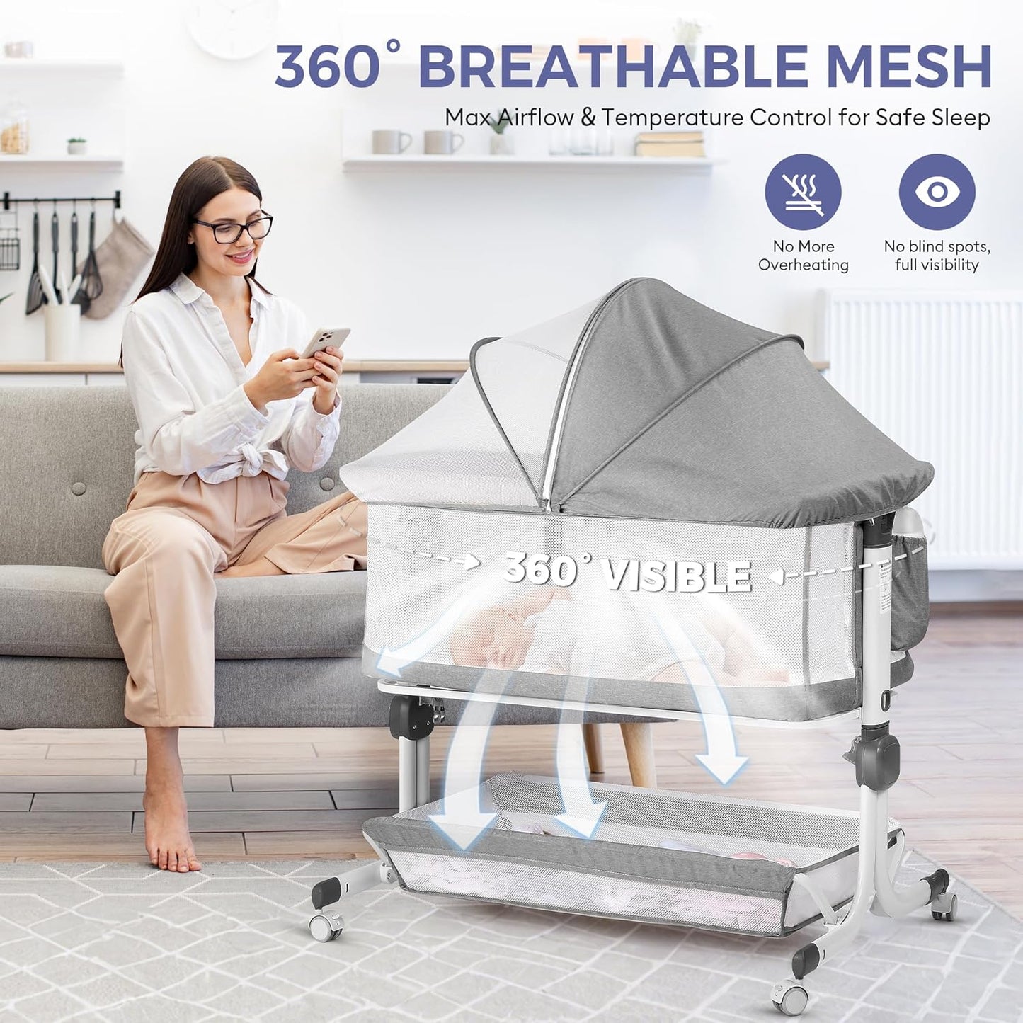 MOMFANN Baby Bassinet Bedside Sleeper, Upgraded Stability Bedside Crib with Full Mesh Sides, Soft Sheet, 6-Height Adjustment, Storage Basket, Easy Folding Portable Bassinet for Newborns, Gray