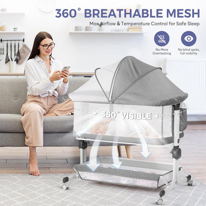 MOMFANN Baby Bassinet Bedside Sleeper, Upgraded Stability Bedside Crib with Full Mesh Sides, Soft Sheet, 6-Height Adjustment, Storage Basket, Easy Folding Portable Bassinet for Newborns, Gray