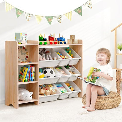 MallBest 4-Tier Kids' Toy Storage Organizer Shelf - 100% Solid Wood,Children's Storage Cabinet with 9 Plastic Bins and and 3 Storage Ports (Varnish-Single Color)