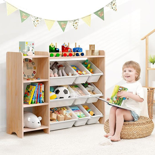 MallBest 4-Tier Kids' Toy Storage Organizer Shelf - 100% Solid Wood,Children's Storage Cabinet with 9 Plastic Bins and and 3 Storage Ports (Varnish-Single Color)