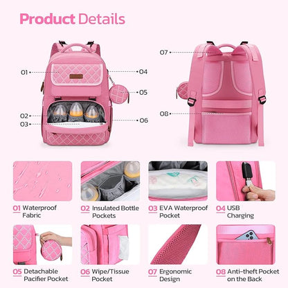 Maelstrom Large Diaper Bag,29L-45L Expandable Diaper Bag Backpack for 2 Kids/Twins Baby Stuff, with Removable Cross Body Bottle Bag for Mom/Dad, Stylish Baby Bag Gift for Boys/Girl-Pink