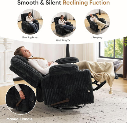 Oversized Power Recliner Chair with Massage and Heat, Swivel Rocker Recliner Chair for Adults with Arm Storage, Nursery Glider Recliner with Adjustable Headrest and Phone Stand, Side Pockets, Beige