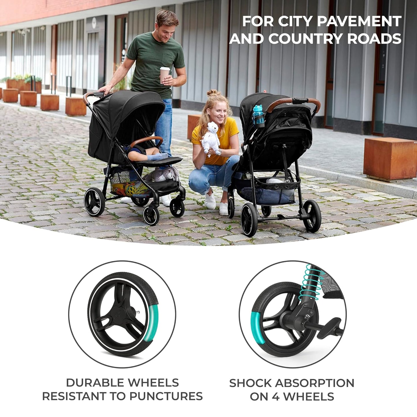 Kinderkraft Grande Plus Kinderkraft Buggy from Birth to 48.5 lb, one-Hand Folding, Reclining Position, Large Canopy with Window, All 4 Wheels dampened, Spacious seat, Black
