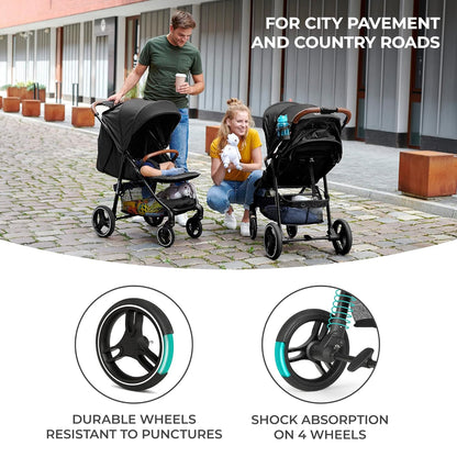 Kinderkraft Grande Plus Kinderkraft Buggy from Birth to 48.5 lb, one-Hand Folding, Reclining Position, Large Canopy with Window, All 4 Wheels dampened, Spacious seat, Black