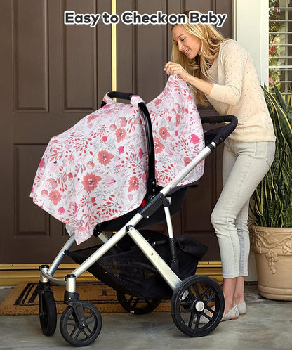 Rquite Car Seat Cover Baby for Girls Boys, 100% Muslin Cotton Infant Carseat Canopy, Soft Breathable Stroller Sun Shade & Newborn Shower Gift, Large Size Universal Fit Summer, Hot & Warm Weather