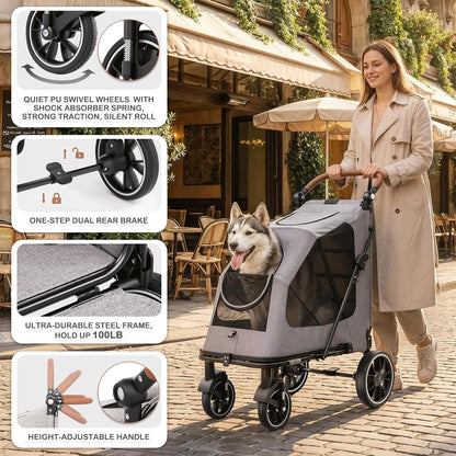 MoNiBloom Large Pet Stroller with Anti-Slip Ramp, Heavy Duty Dog Stroller Up to 99lb, Safe & Gentle Mobility Aid, All-Terrain Wheels, Idea for Injured, Disabled, & Senior Dog