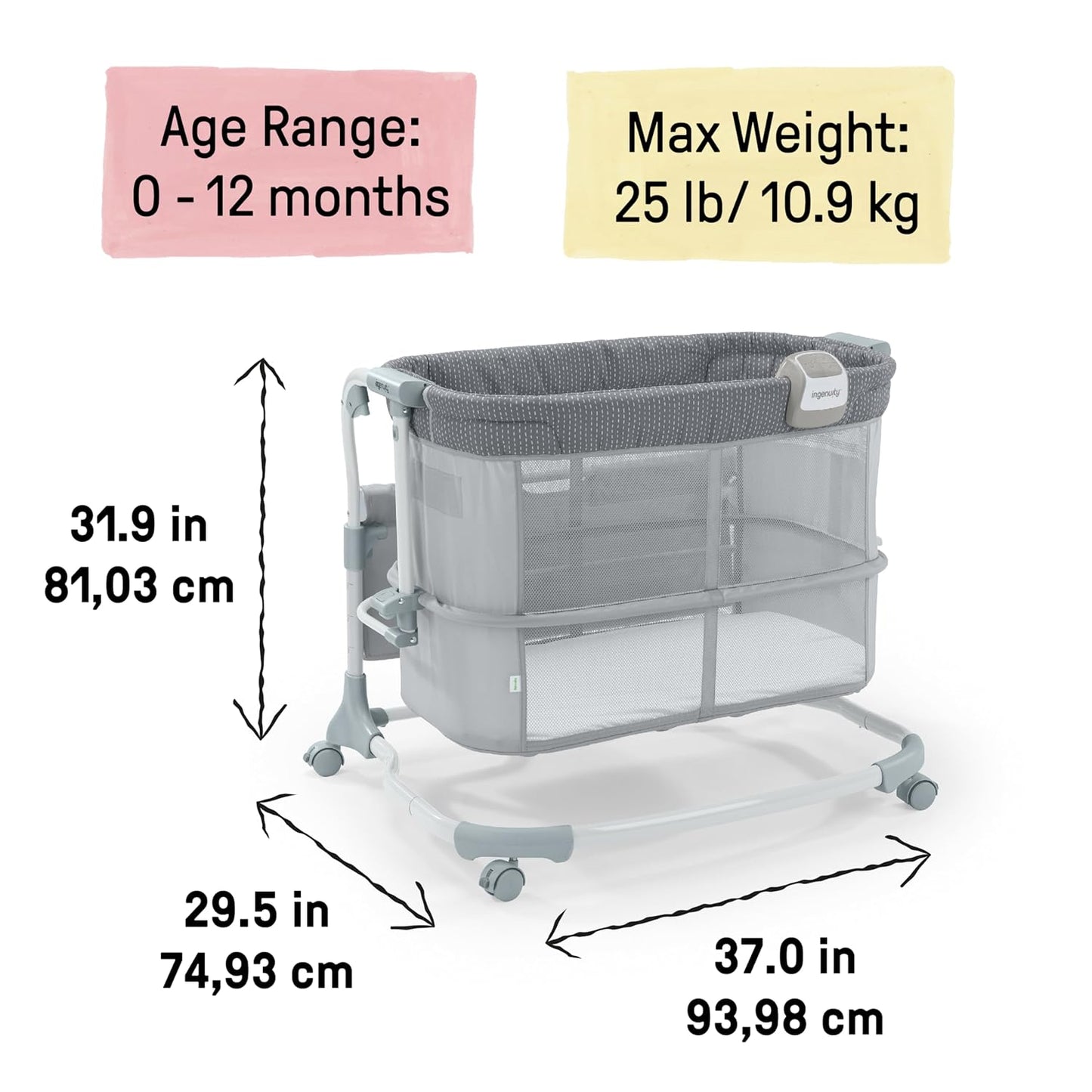 Ingenuity Dream Hero Starlight 3-in-1 Co-Sleeping Bassinet and Crib - Lume (Grey), Unisex, Newborn to 12 Months