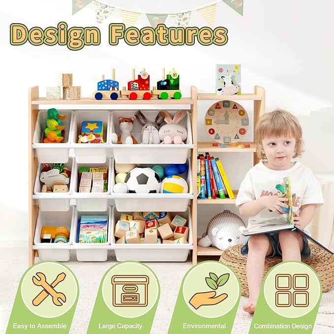 MallBest 4-Tier Kids' Toy Storage Organizer Shelf - 100% Solid Wood,Children's Storage Cabinet with 9 Plastic Bins and and 3 Storage Ports (Varnish-Single Color)