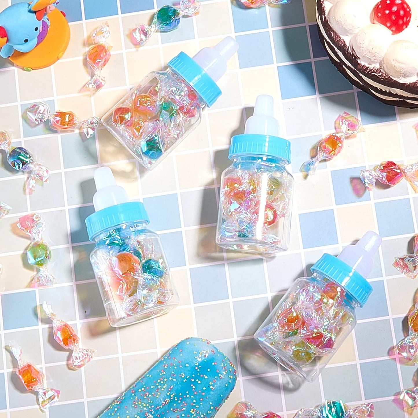36 Pcs 3.5 Inch Baby Bottle Shower Favor Mini Plastic Candy Bottle Clear Bottles for Baby Shower Mini Feeding Candy Box for Party Favor Gift Decor(Blue)