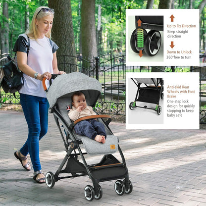 BABY JOY Lightweight Baby Stroller, Compact Toddler Travel Stroller for Airplane, Infant Stroller w/ 5-Point Harness, Adjustable Backrest/Footrest/Canopy, Storage Basket, Easy One-Hand Fold, Beige