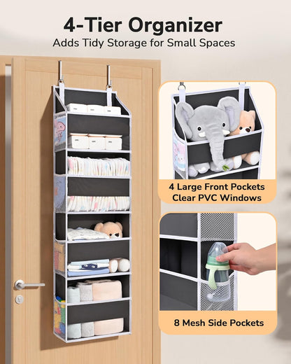 ULG 1 Pack Over Door Organizer with 5 Large and 10 Mesh Side Pockets, 44 lbs Weight Capacity Hanging Storage with Clear Window Kids Toys, Shoes, Diapers, Dark Grey, 5 Layers