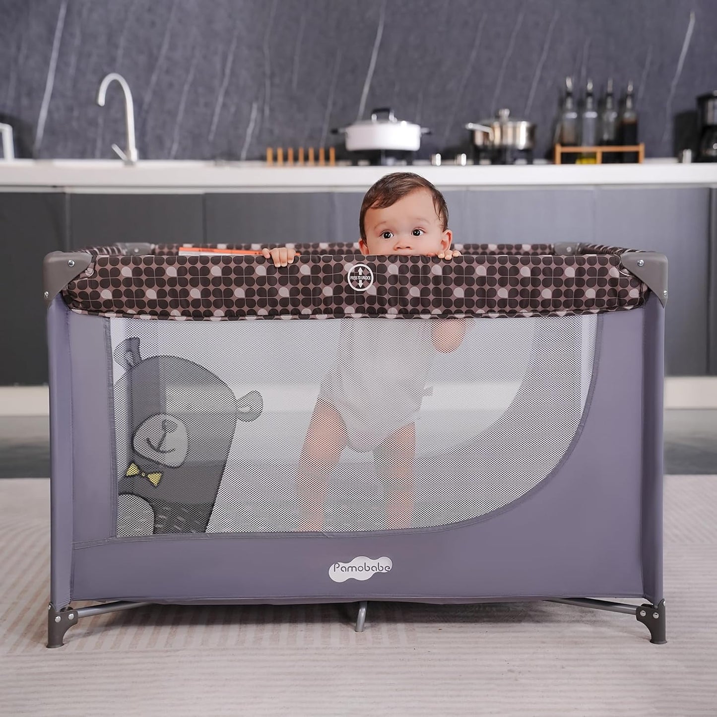 Pamo Babe Compact Pack and Play - Portable Crib for Baby, Lightweight Foldable Travel Playard with Mattress Pad & Carry Bag, Safe Breathable Travel Bed for Home, Trips & Family Visits, Black