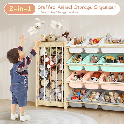 EXPERLAM Kids Toy Storage Organizer, 2-in-1 Stuffed Animal Storage & Toy Organizer w/12 Bins, Solid Wood Toy Rack Featuring Thicker Elastic Ropes to Hold Toys, Playroom Nursery Bedroom Storage, Multi