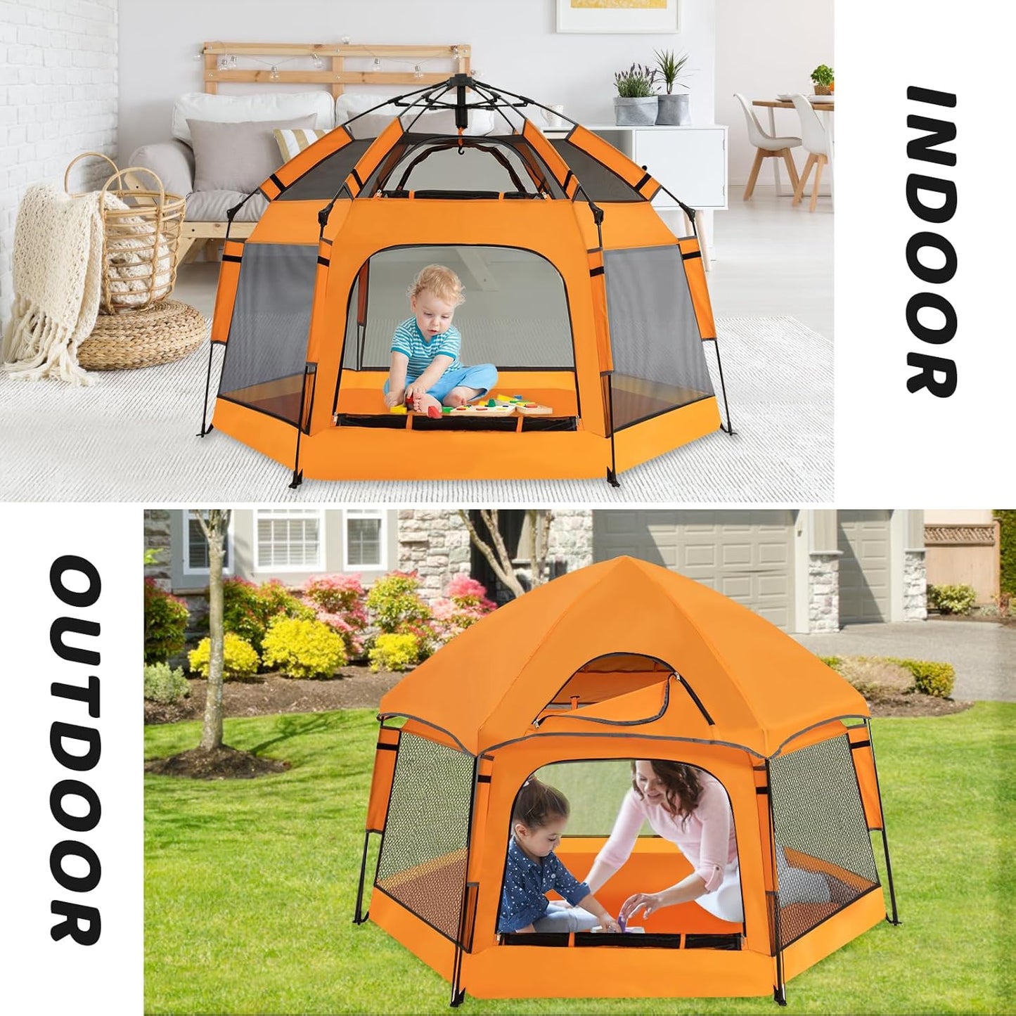 Instant Pop Up Baby Playpen with UV Canopy & Safety Lock, Portable Outdoor Beach Tent Play Yard for Toddlers, Breathable Mesh & Carry Bag, Indoor & Backyard Use (Orange)