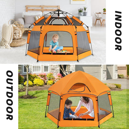 Instant Pop Up Baby Playpen with UV Canopy & Safety Lock, Portable Outdoor Beach Tent Play Yard for Toddlers, Breathable Mesh & Carry Bag, Indoor & Backyard Use (Orange)