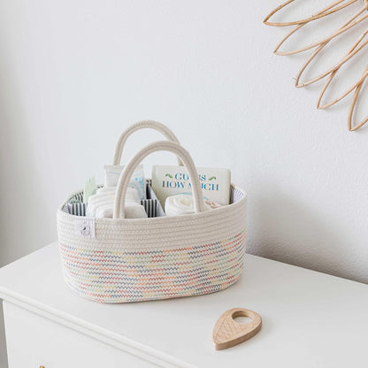 OrganiHaus Pastel Rainbow Nursery Storage Basket, Cotton Rope Toy & Diaper Caddy Organizer with Handles, Baby Diaper Organizer, Foldable Design, Machine Washable, Ideal for Baby Room & Laundry