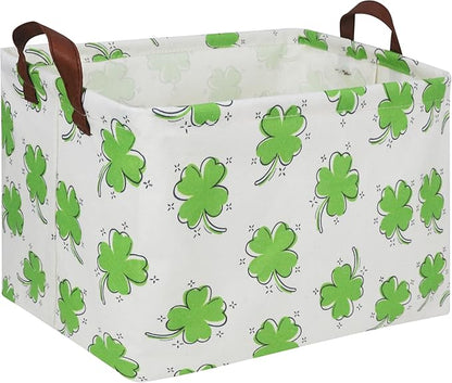 Rectangle Cute Storage Basket with Handles,Collapsible Toys Bin for Playroom Bedroom,Room Decor,Gift Basket(Clover)