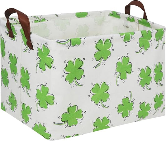 Rectangle Cute Storage Basket with Handles,Collapsible Toys Bin for Playroom Bedroom,Room Decor,Gift Basket(Clover)