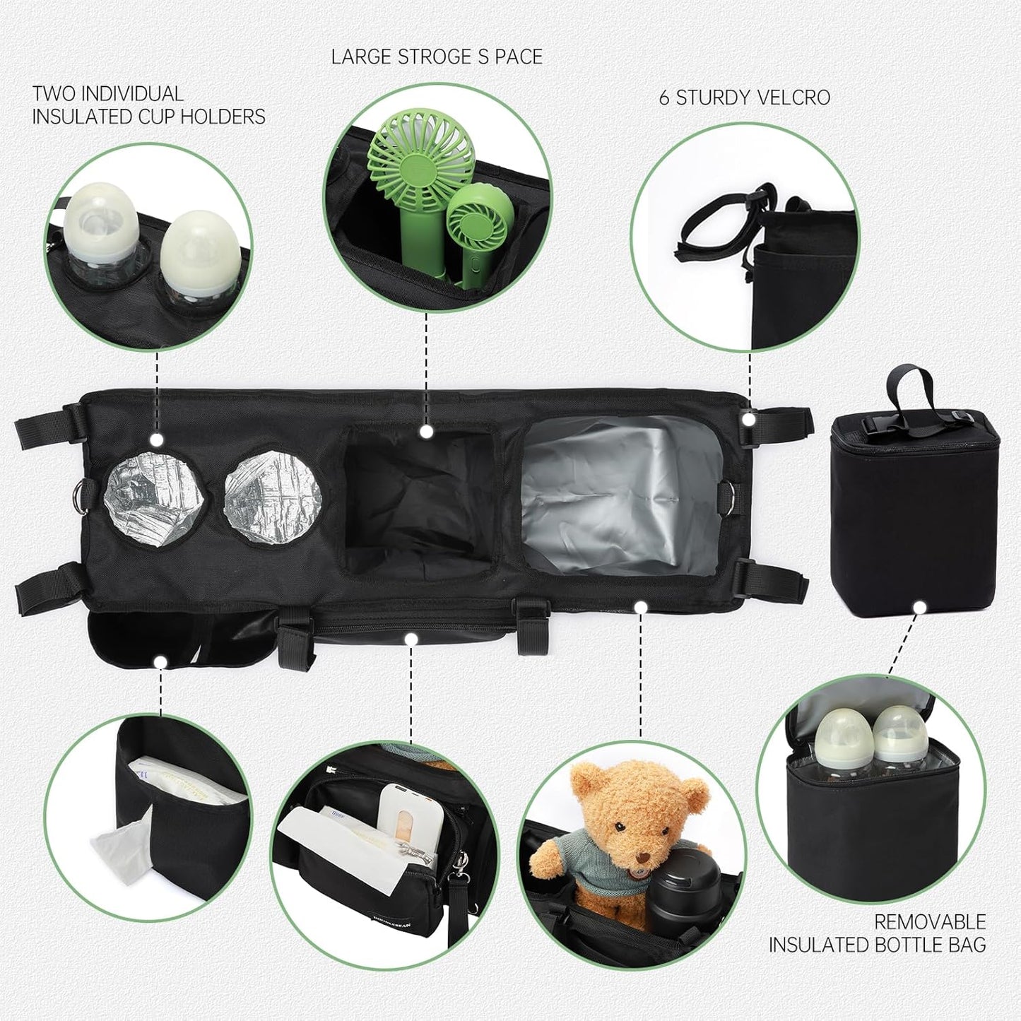 Double Stroller Organizer for Bob Duallie with 2 Insulated Cup Holders & Cooler Bag, Baby Jogger City Mini Gt2 Jeep Double Stroller Caddy Accessories, Universal Parent Console Stroller Organizer
