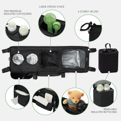 Double Stroller Organizer for Bob Duallie with 2 Insulated Cup Holders & Cooler Bag, Baby Jogger City Mini Gt2 Jeep Double Stroller Caddy Accessories, Universal Parent Console Stroller Organizer