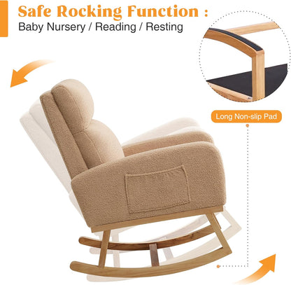 HCHAIRH Rocking Chair Nursery, Upholstered Fabricr Nursing Rocking Chairs with Soft High Back, Modern Nursery Glider Rocker for Mom Living Room, Bedroom, Camel