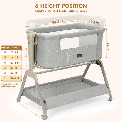 Ezebaby Baby Bassinet Bedside Crib, 3-in-1 Rocking Bassinets Bedside Sleeper with Comfy Mattress and Wheels, 6-Height Adjustable, Stable and Secure Crib for Newborn Infant