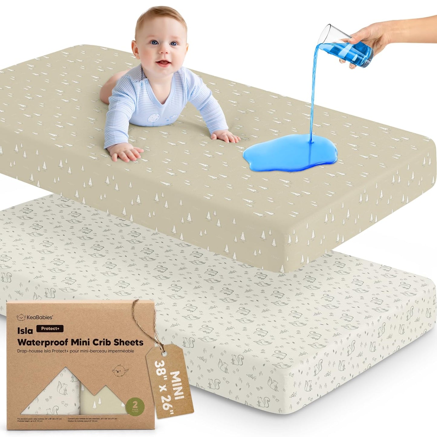 2-Pack Waterproof Pack and Play Sheets, Mini Crib Sheets Fitted for Boy, Girl - 38 x 26 Viscose from Bamboo Pack N Play Mattress Sheets for Graco, Toddler Playard Baby Crib Sheets Neutral (Blue Flax) - Colors B