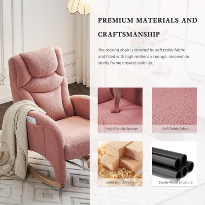 Rocking Chair Nursery with Foot Rest,Upholstered Teddy Glider Rocker with Wood Legs, Nursing Rocking Chair for Living Room/Nursery,Pink