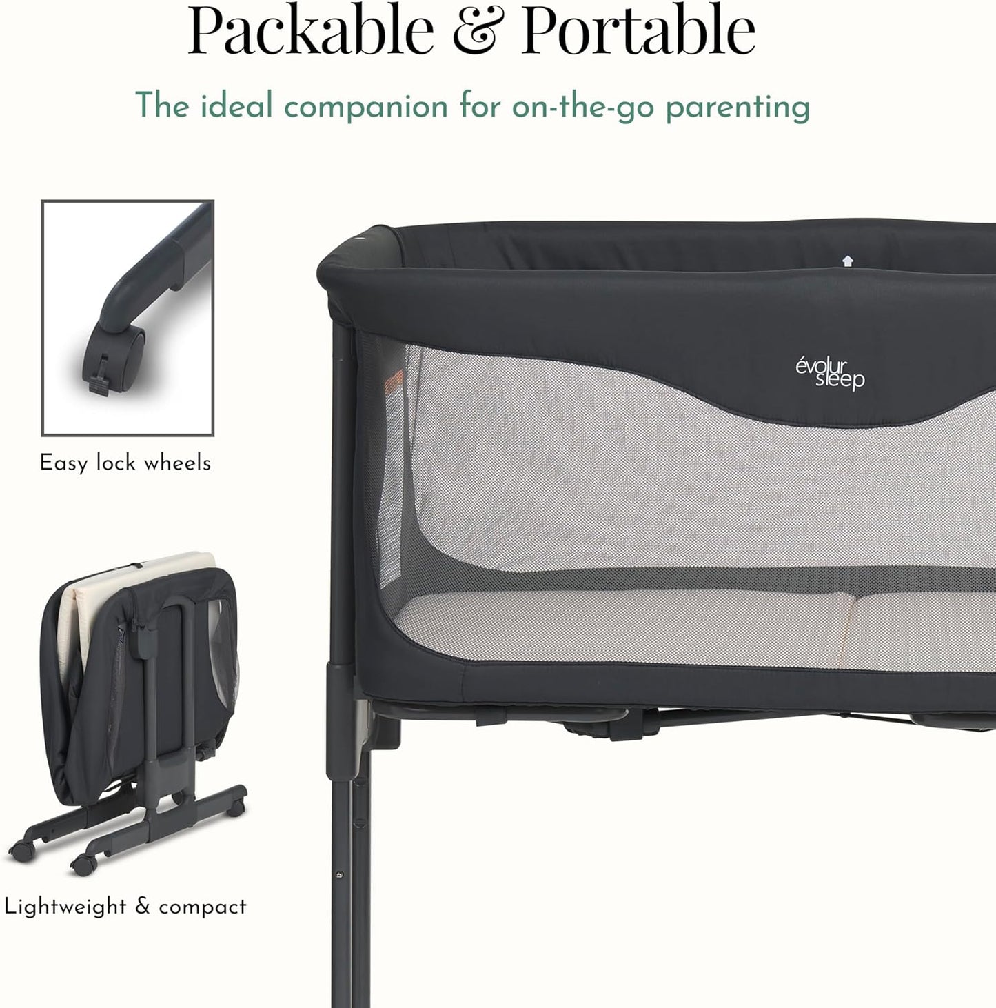 Evolur Kinsley Bedside Bassinet – Quick Fold, Breathable Mesh Sides, Lightweight Portable Baby Sleeper with Carry Bag – Newborn to 6 Months