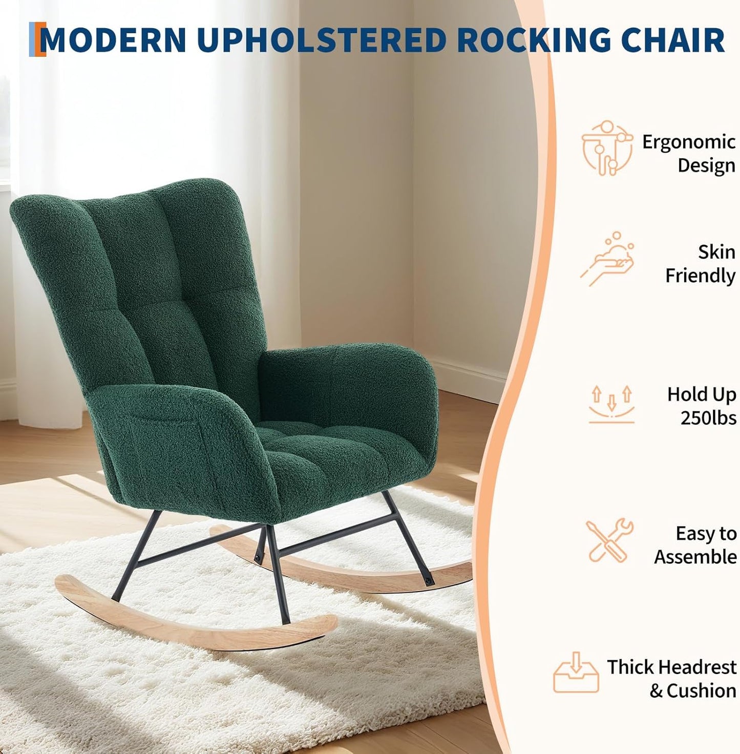 Garvee Teddy Fleece Nursery Rocking Chair,Upholstered Baby Glider Rocker with Soft Seat and High Backrest,Modern 300 Lbs Weight Capacity Accent Recliner for Living Room, Bedroom