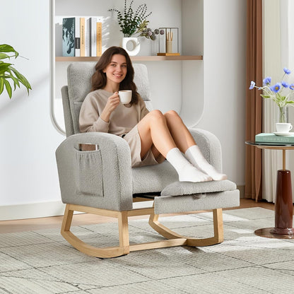 Modern Nursery Rocking Chair, Teddy Upholstered Rocking Chair with Footrest, Comfortable Rocker Recliner with Side Pocket, Rocker Glider for Living Room, Bedroom, Nursing Room