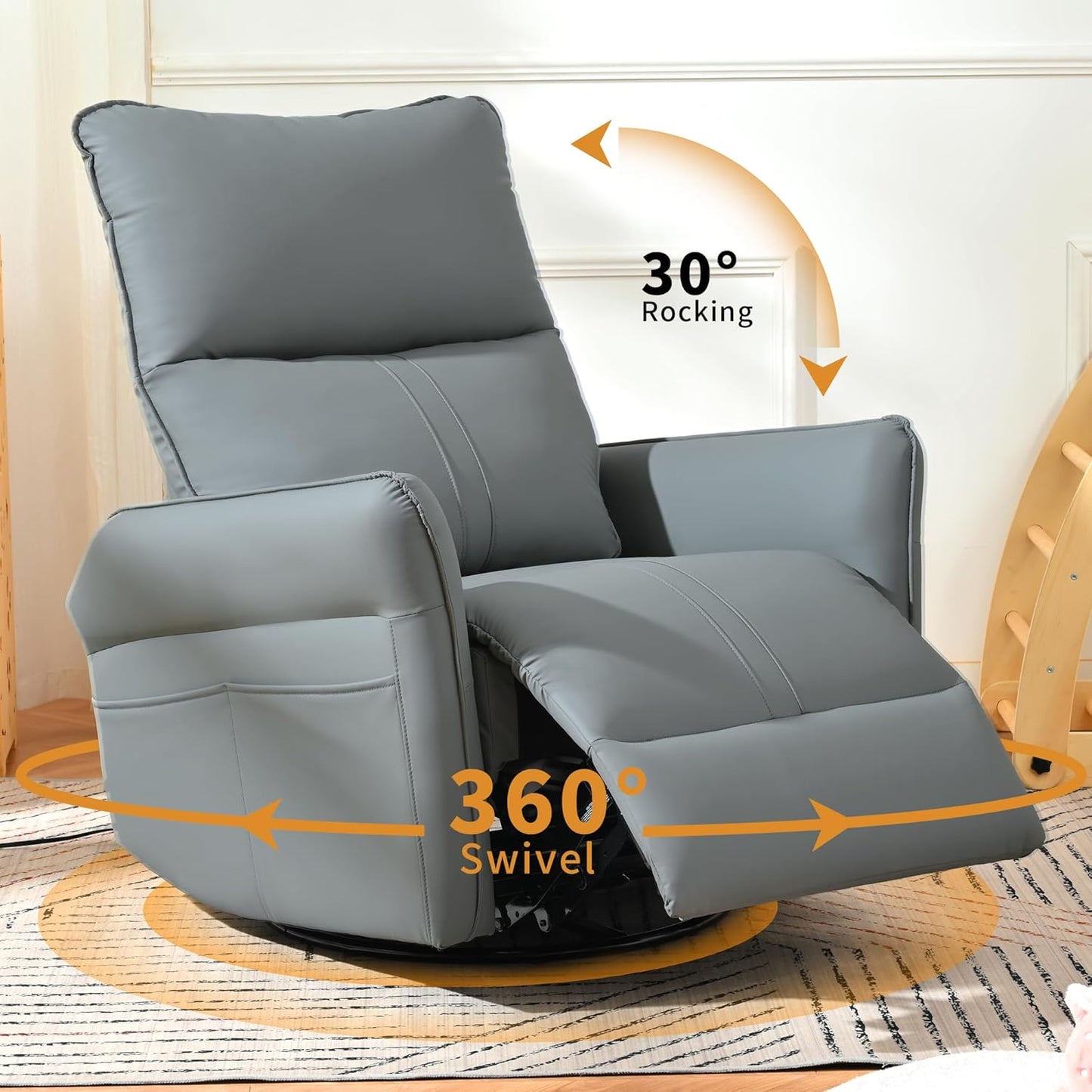 Power Swivel Rocker Recliner Chair for Nursery, Upholstered Snowflake Velvet 270°Swivel Glider Rocker Chair with USB Ports, Small Power Recliners for Small Spaces Living Room