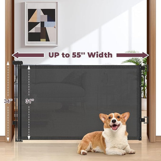 Retractable Baby Gate for Stairs, 55" Wide Mesh Dog Gate Indoor, 34" Tall Child Gate for Doorways, Hallways, Deck, Indoor Outdoor Pet Baby Safety Essentials for Home, Black