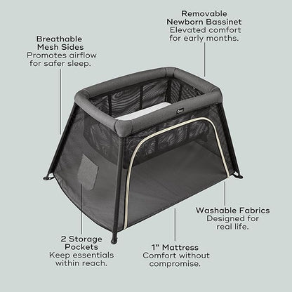 Babymoov Moov & Comfy 3-in-1 Lightweight Travel Crib, Baby Play Yard, and Infant Bassinet, Graphite