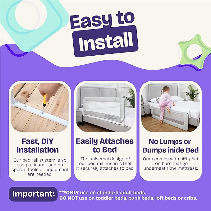 ComfyBumpy 2-Pack Bed Rail for Toddlers 55.5" L x 19.5" H | Toddler Bed Rails for Twin, Full, Queen & King Mattress Size | Swing Down Rail Guard | Mattress Side Rail for Kids | White