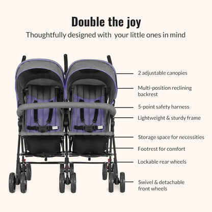 Dream On Me Volgo Twin Umbrella Stroller in Black, Lightweight Double Stroller for Infant & Toddler, Compact Easy Fold, Large Storage Basket, Large and Adjustable Canopy