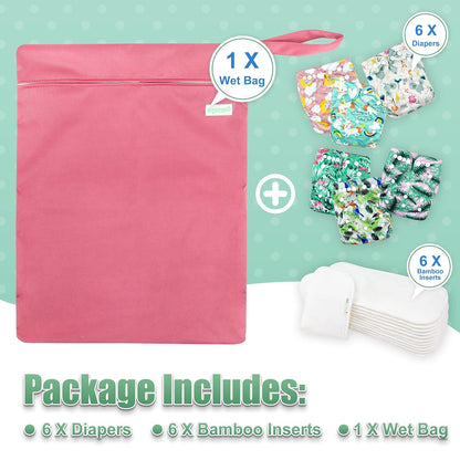 wegreeco Cloth Diapers 6 Pack with 6 Inserts & 1 Wet Bag, Washable Cloth Diapers for Babies, One Size Adjustable Reusable (Flower)