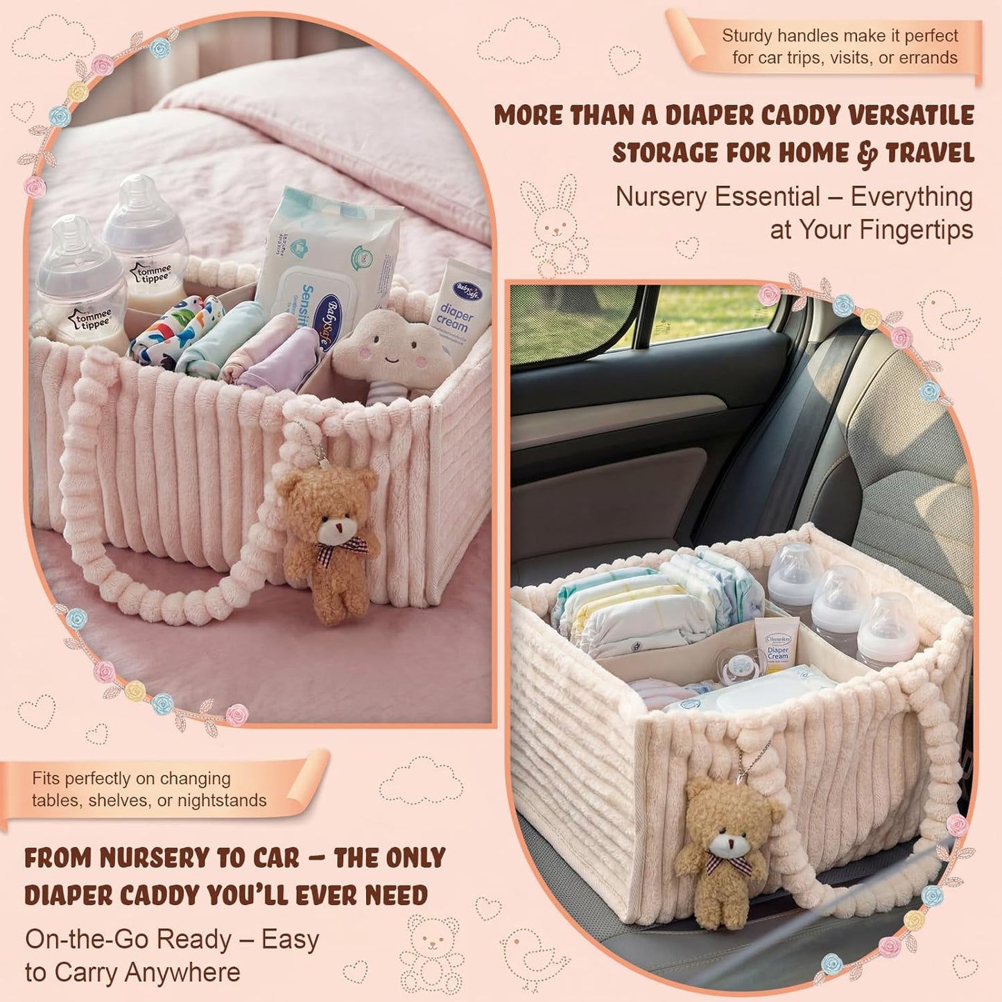 Flannel Baby Diaper Caddy Organizer with Teddy Bear, Baby Shower Gift Basket with Handle, Portable Nursery Storage Basket Bin for Diapers, Wipes, Newborn Essentials (White)