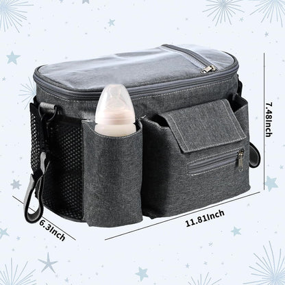 Stroller Organizer with Insulated Cup Holders - Universal Stroller Caddy Bag Fits for Uppababy, Baby Jogger, Nuna - Detachable Shoulder Strap & Large Storage for Diapers, Wipes (Black)