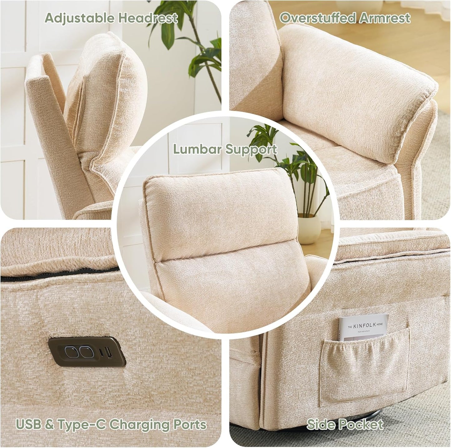 Oversized Glider Rocker Recliner, 26" Extra Wide 360° Swivel Nursery Recliner with Adjustable Headrest, Chenille Rocking Nursery Chair with Overstuffed Armrest, Lumbar Support, Light Grey