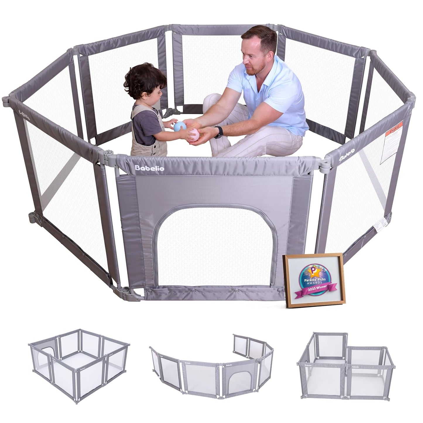 Babelio Foldable Baby Playpen 46" × 46", Portable Playard for Babies and Toddlers, Parents' Picks Awards Winner, No Assembly Required, Indoor & Outdoor Kids Safety Play Pen Area, Travel Fence, Grey