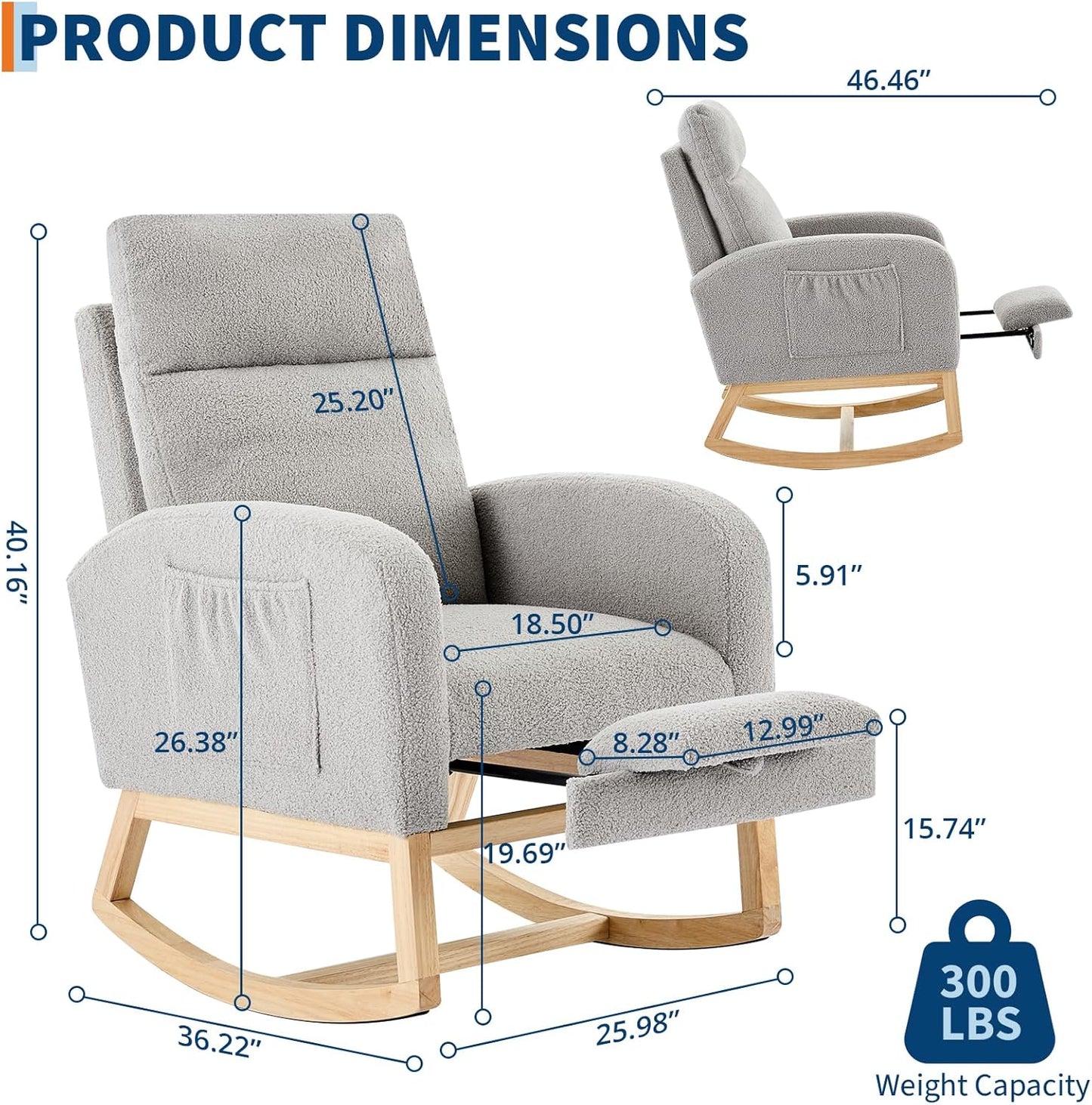 Garvee Teddy Fleece Nursery Rocking Chair,Upholstered Glider with 26" High Backrest, Padded Seat,Modern 300 Lbs Weight Capacity Accent Recliner for Living Room, Bedroom, Reading