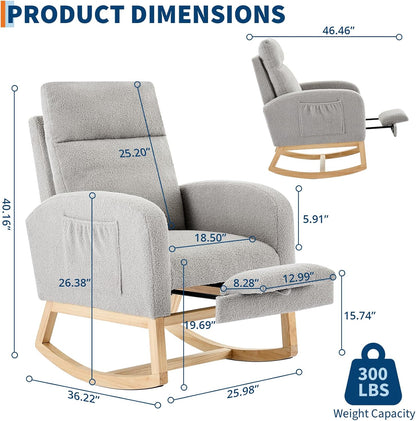 Garvee Teddy Fleece Nursery Rocking Chair,Upholstered Glider with 26" High Backrest, Padded Seat,Modern 300 Lbs Weight Capacity Accent Recliner for Living Room, Bedroom, Reading