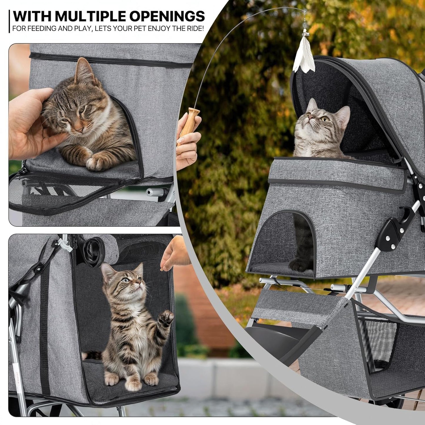 MoNiBloom Foldable Pet Stroller with Weather Cover, 3 Wheels Pet Strolling Cart for Small/Medium Dogs and Cats with Storage Basket and Cup Holder, Breathable and Visible Mesh for All-Season, Black